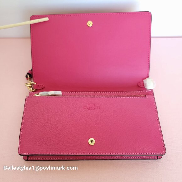 COACH Anna Pebbled Leather Fold-over Clutch Crossbody With Chain- Bold Pink ⭐ - Picture 11 of 16
